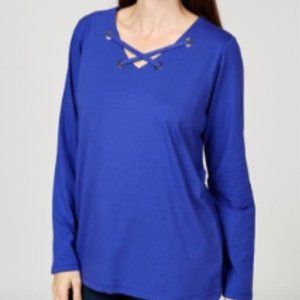 Bob Mackie V Neck Knit Top with Criss Cross Detail